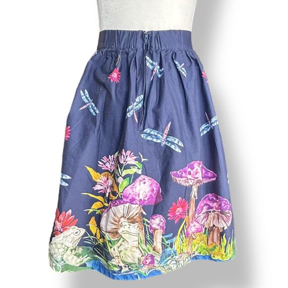 ModCloth Navy Blue Skirt Frogs Mushrooms Dragonflies  Animal Print A-line Small - Picture 6 of 12